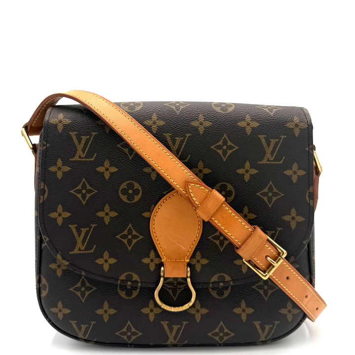 Louis Vuitton monogram canvas shoulder bag with a tan leather strap and gold-tone hardware, photographed on a clean white background.
