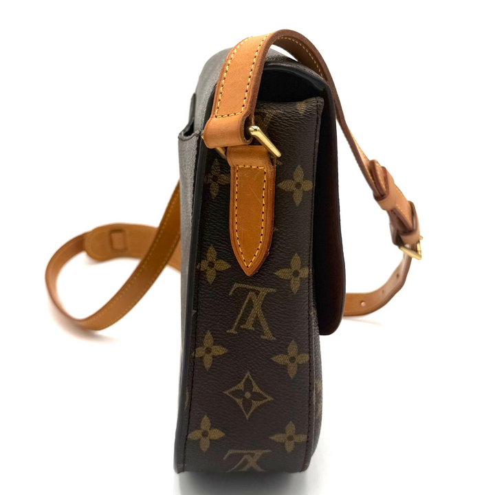 Louis Vuitton monogram canvas shoulder bag in dark brown with tan leather trim and strap, shown from the side on a white background.