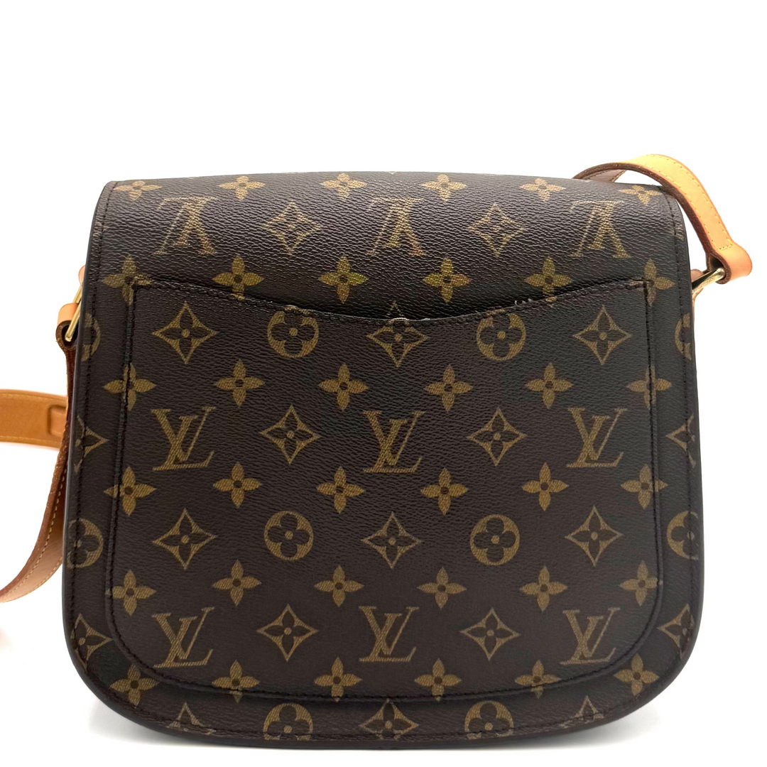 Louis Vuitton monogram shoulder bag in dark brown coated canvas with tan leather strap and trim, shown against a plain white background.