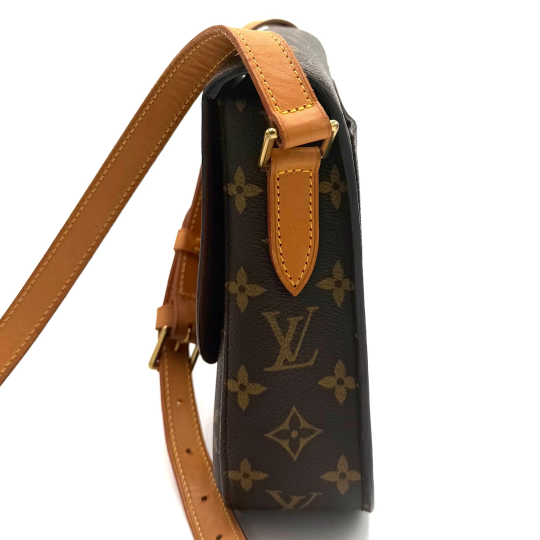 Louis Vuitton monogram canvas shoulder bag shown from a side profile view, featuring the classic brown and tan monogram pattern with a tan leather strap on a white background.