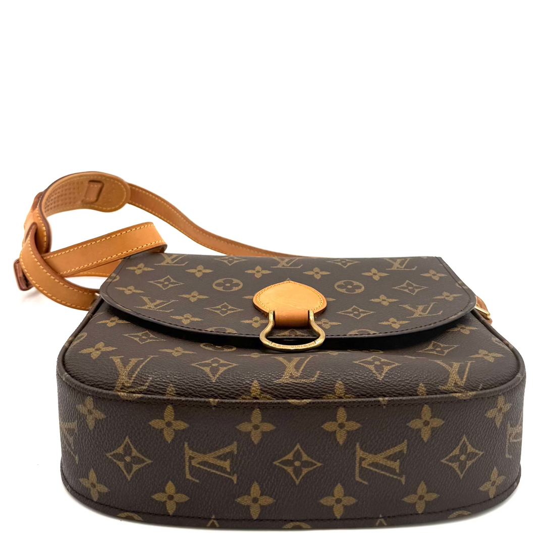 Louis Vuitton monogram canvas shoulder bag with a brown leather strap and gold-tone hardware, shown on a plain white background.