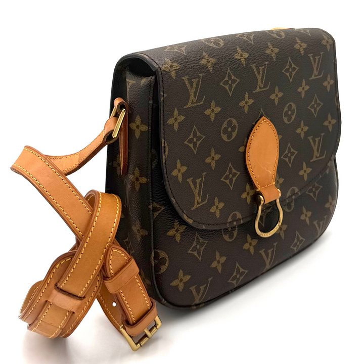 A Louis Vuitton monogram Satchel shoulder bag in brown coated canvas with tan leather trim and strap, shown on a white background.