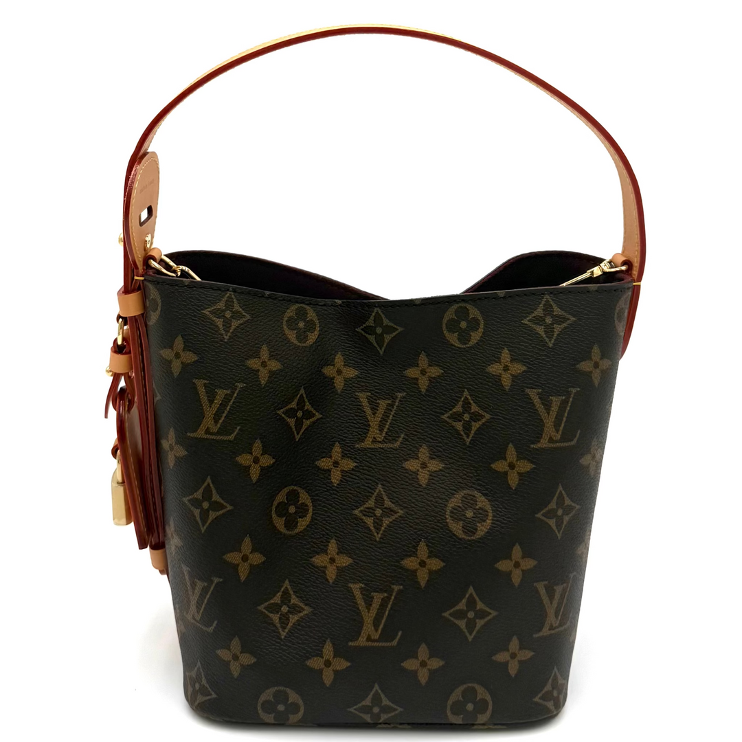 Louis Vuitton monogram canvas bucket bag with a brown leather handle and tassel detail, shown on a white background.