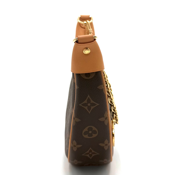 Louis Vuitton monogram canvas shoulder bag in brown with tan leather trim and gold-tone hardware, shown from the side on a white background.