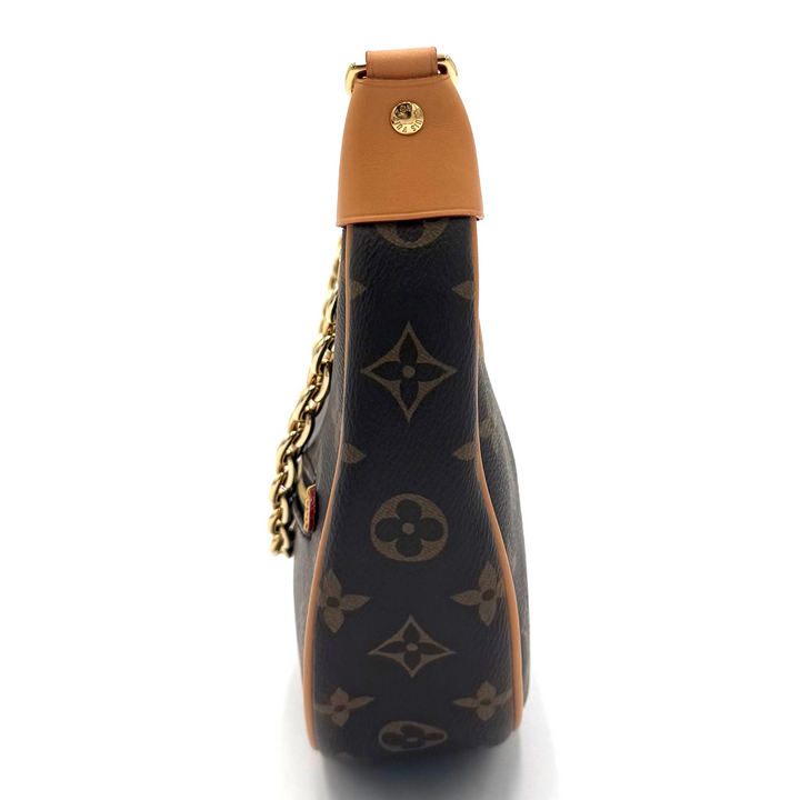 Louis Vuitton monogram canvas shoulder bag in dark brown with tan leather trim and gold-tone chain detail, shown from a side profile view on a white background.