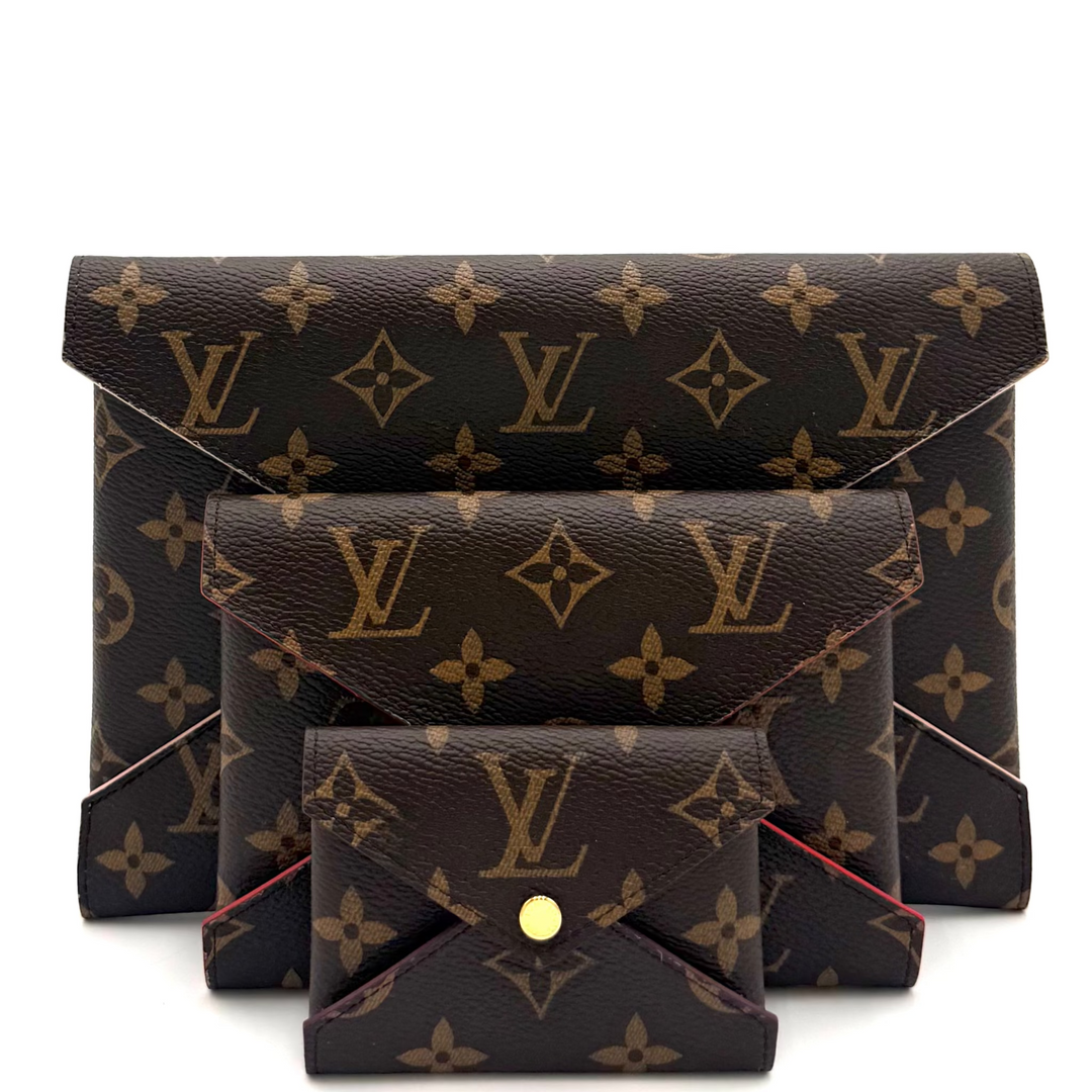 Three Louis Vuitton monogram envelope wallets in dark brown coated canvas with gold-tone hardware, arranged in a nested stack on a white background.