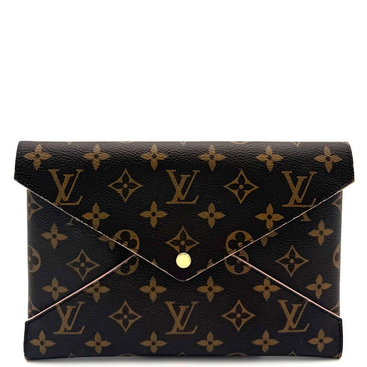 Louis Vuitton monogram canvas envelope clutch bag with a gold snap button closure, shown against a plain white background.
