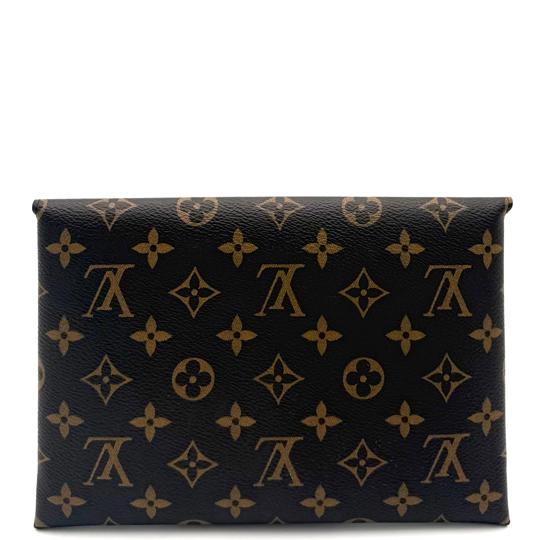 A Louis Vuitton monogram canvas clutch bag in black and brown, featuring the classic LV logo and floral motifs, set against a plain white background.