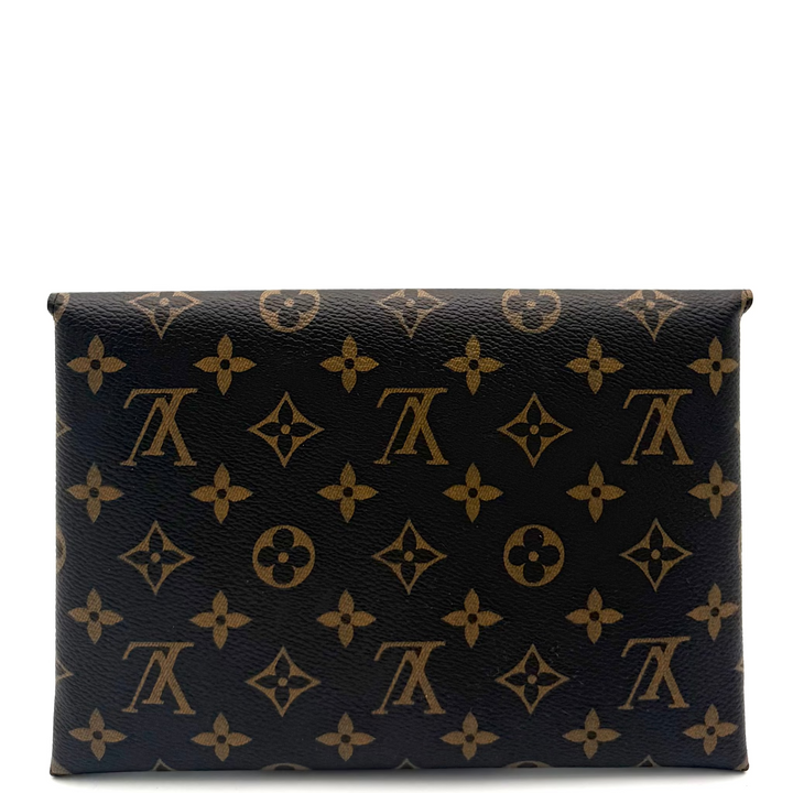 A Louis Vuitton monogram canvas clutch bag in black and brown, featuring the classic LV logo and floral motifs, set against a plain white background.