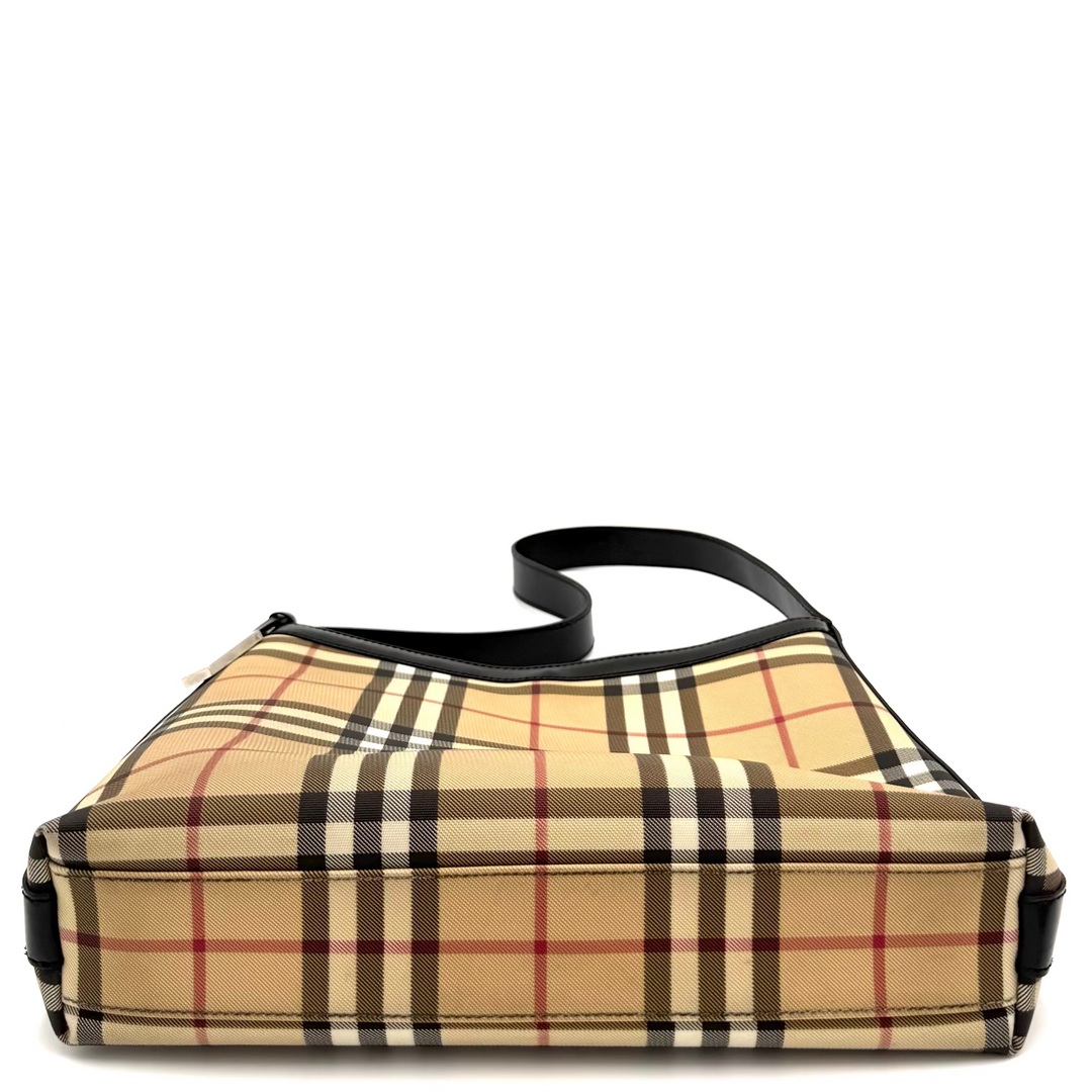 A vintage-style plaid shoulder bag in beige, black, and red, featuring a black leather handle, shown against a white background with clear plastic display stands visible on the sides.