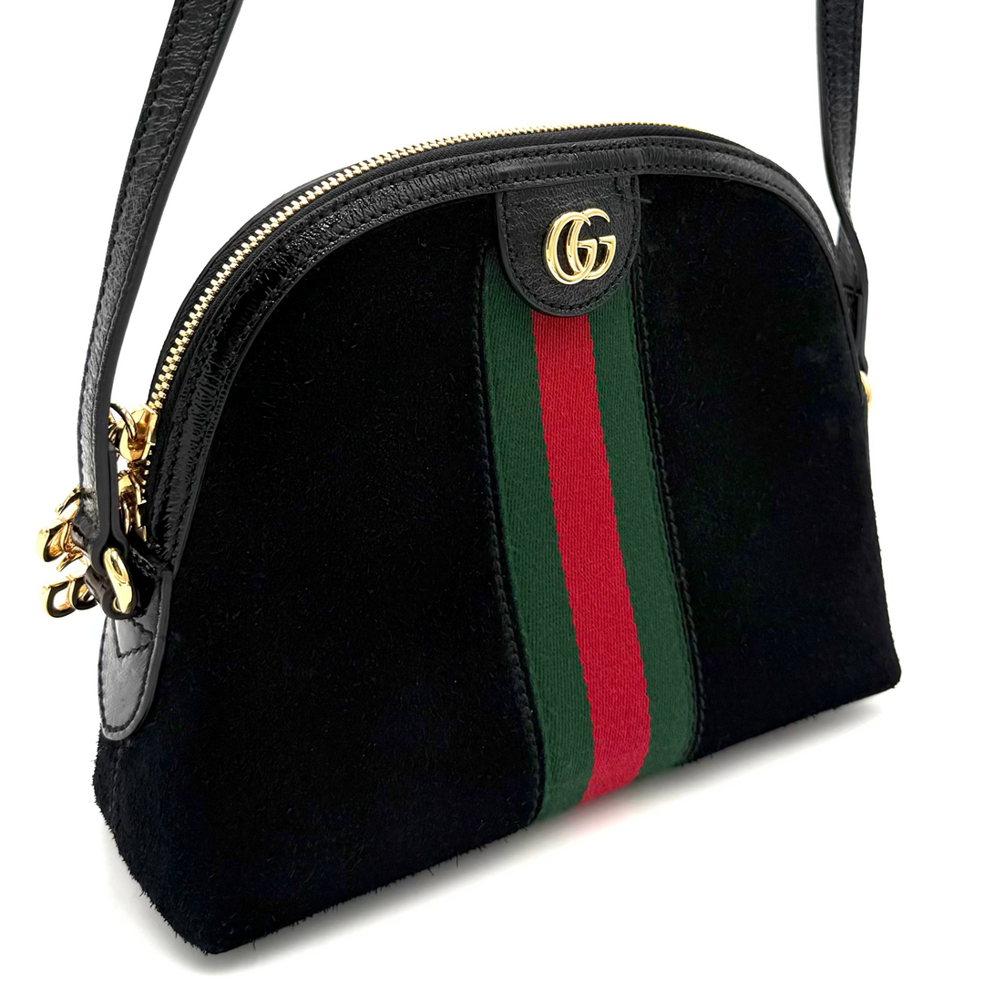 Gucci Small Ophidia Dome Shoulder Bag Black With Web Canvas Stripe