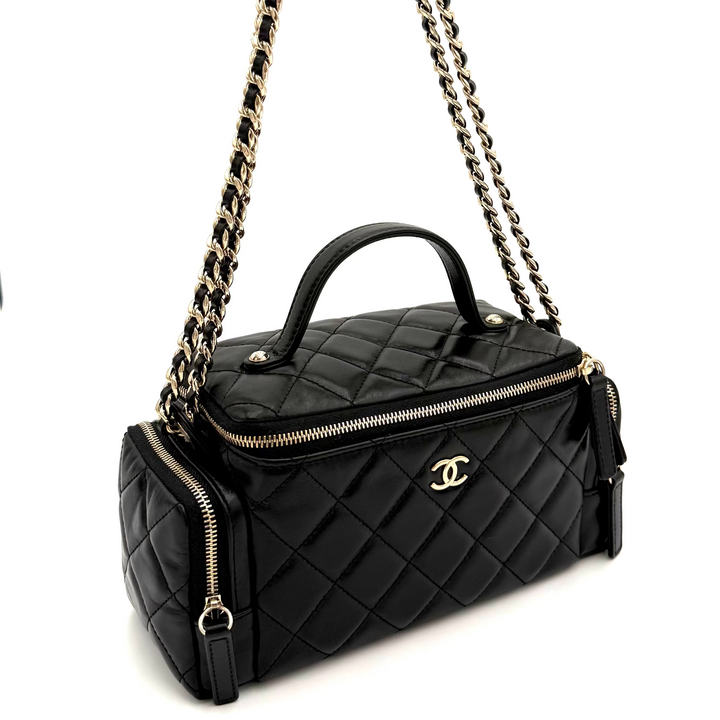 Multi Pocket Top Handle Lambskin Leather Vanity Bag