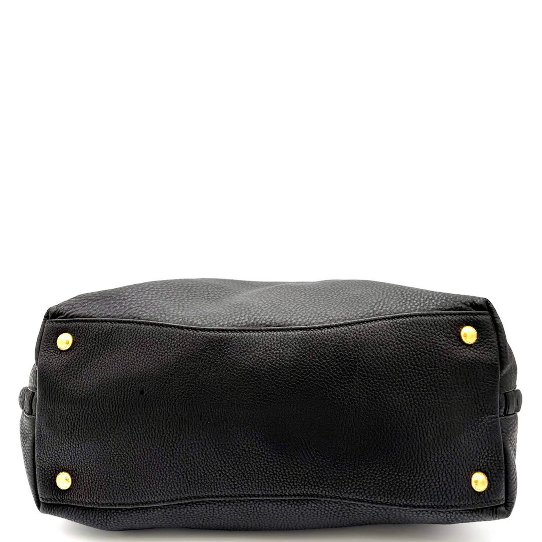 Vitello Daino Textured Black Leather Hobo Bag