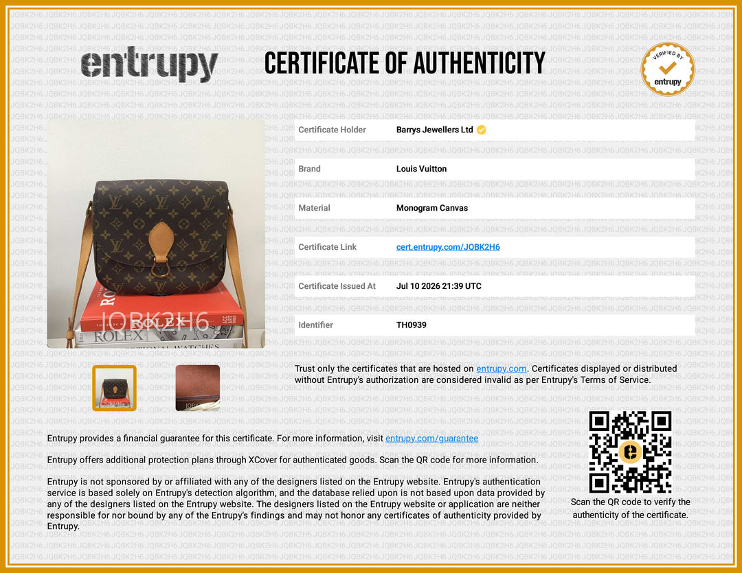 A certificate of authenticity document for a Louis Vuitton monogram canvas bag, featuring a gold-framed layout with the Entrupy brand logo and a QR code.