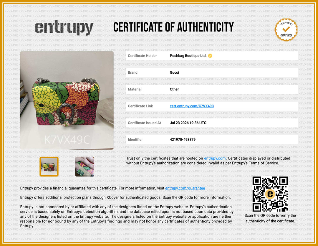 A certificate of authenticity document from Entrupy for Gucci K7VX49C, featuring a photo of a colorful crocheted bag on the left and extensive text details on a white background with a gold border.