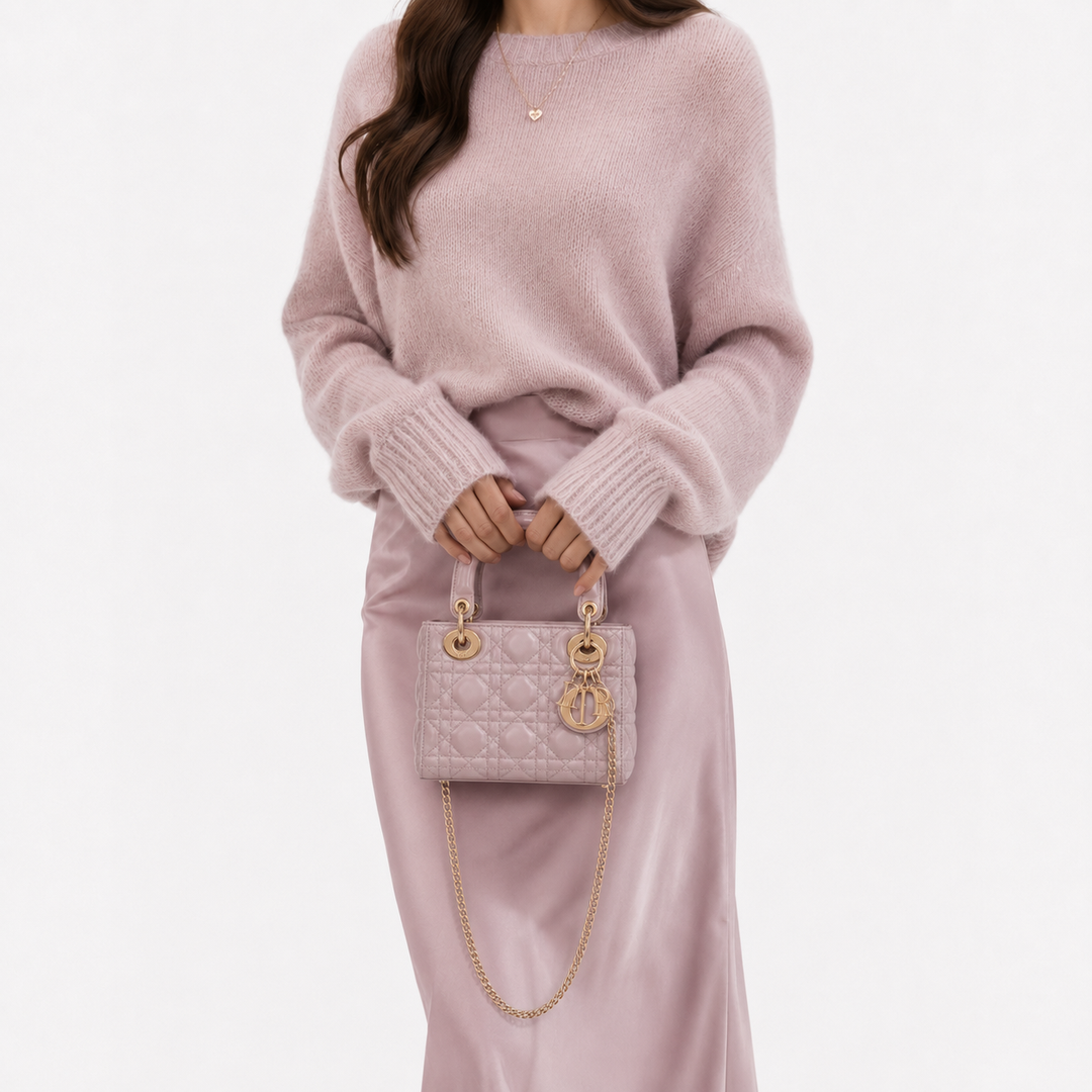 A model wearing a dusty pink knit sweater and matching satin skirt holds a small quilted dusty pink Lady Dior handbag with gold-tone hardware and chain strap against a clean white background.