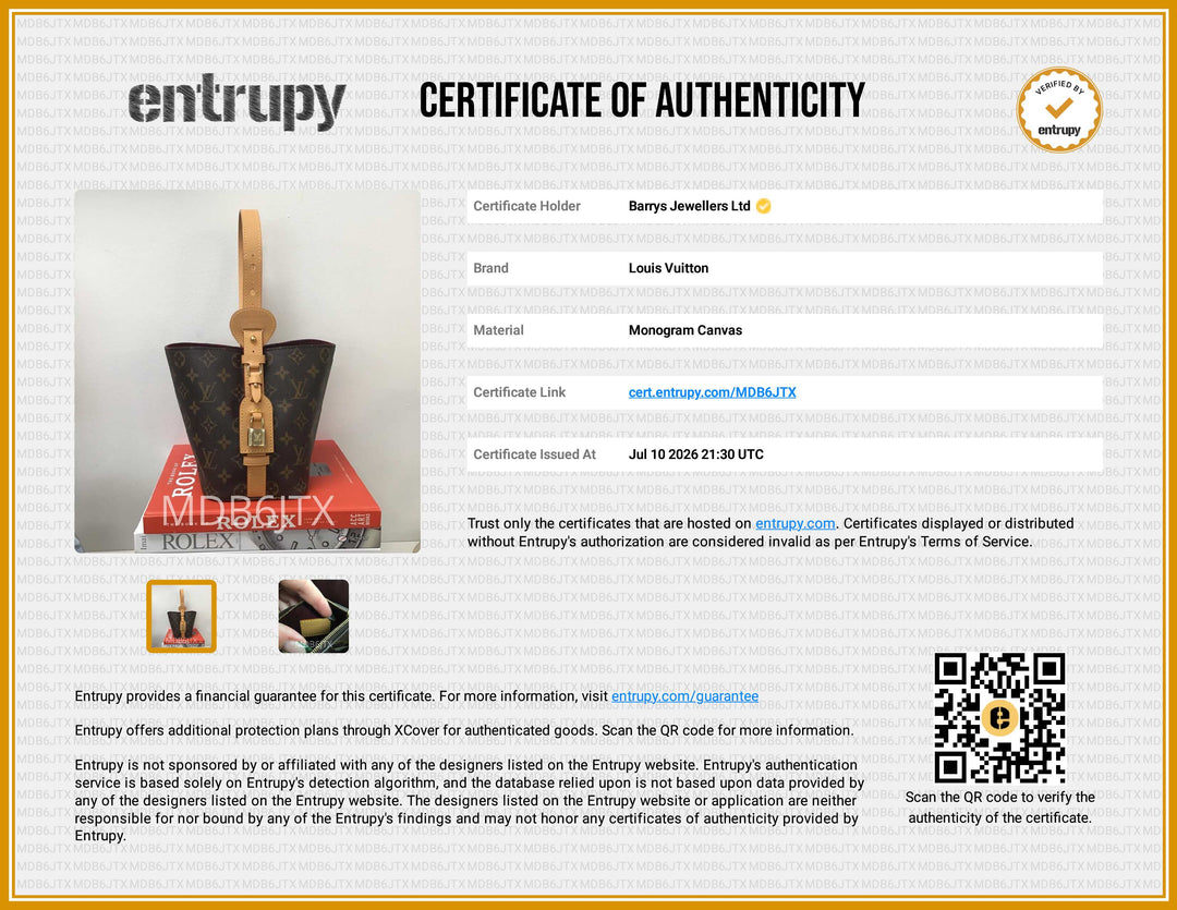 A certificate of authenticity document for a Louis Vuitton monogram canvas bag, featuring a gold and black bag image, brand details, and a QR code on a white and gold background.