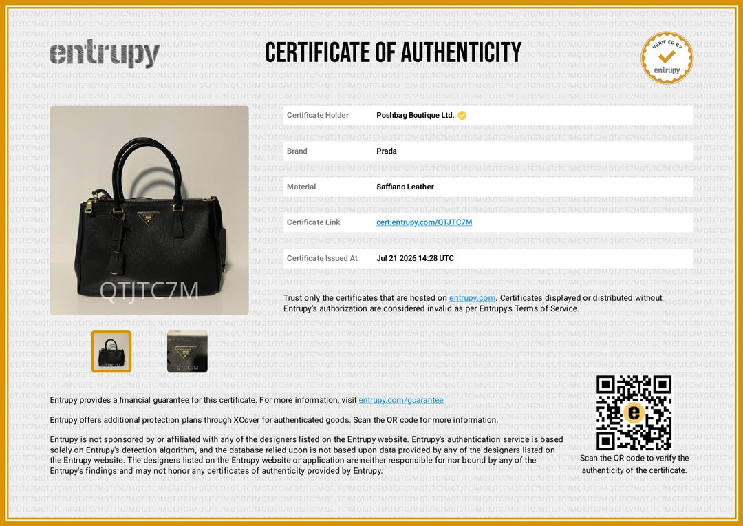 A certificate of authenticity document for a Proda leather handbag, featuring the Entrupy brand logo, product details, a small photo of a black handbag, and a QR code on a white background with a gold border.