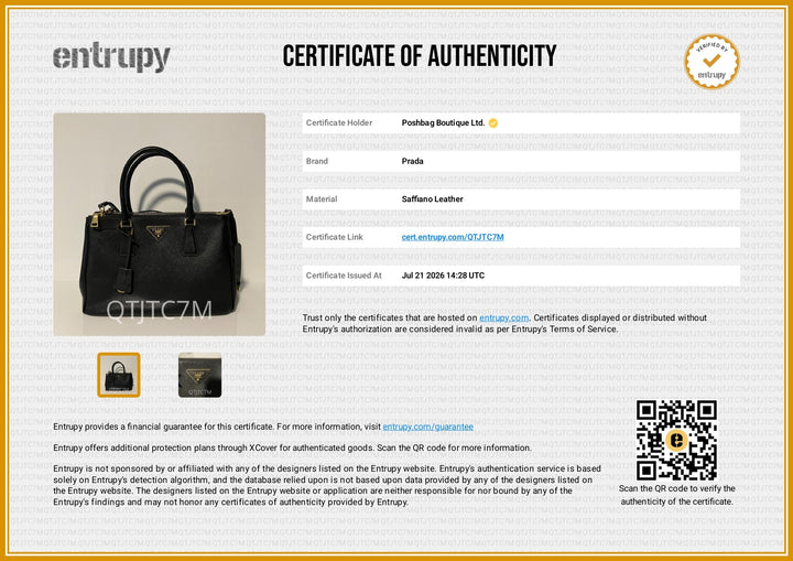 A certificate of authenticity document for a Proda leather handbag, featuring the Entrupy brand logo, product details, a small photo of a black handbag, and a QR code on a white background with a gold border.