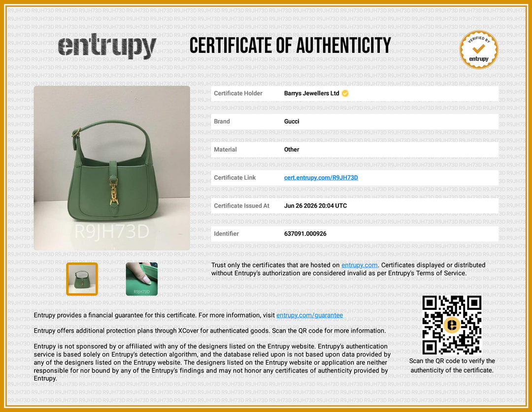 Entripy certificate of authenticity for a Gucci handbag with product image and QR code.