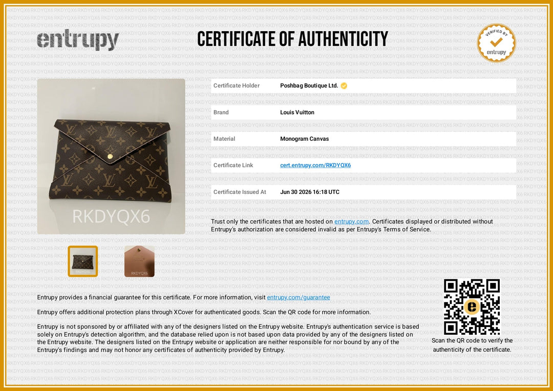 A certificate of authenticity document for a Louis Vuitton monogram canvas envelope, featuring the Entrupy certification platform, product details, a small photo of the envelope, and a QR code on a white and gold background.
