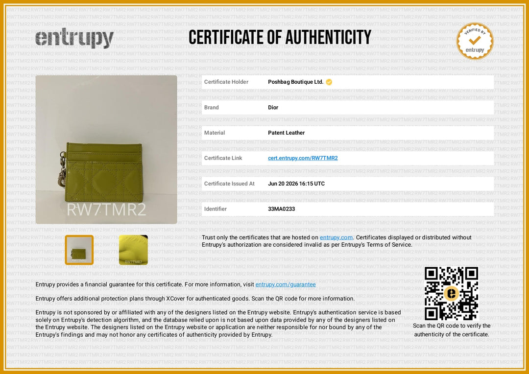 Entrypay certificate of authenticity for a green wallet with QR code and details.
