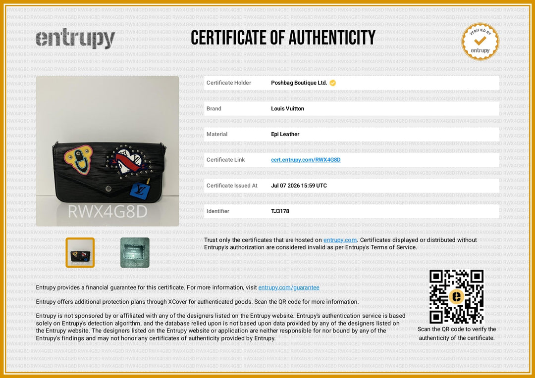 A certificate of authenticity document from Entrupy for a Louis Vuitton Epi Leather product, featuring a black patchwork leather wallet with colorful patches. The certificate includes details such as brand, material, certificate link, and a QR code, set against a white background with a gold border.