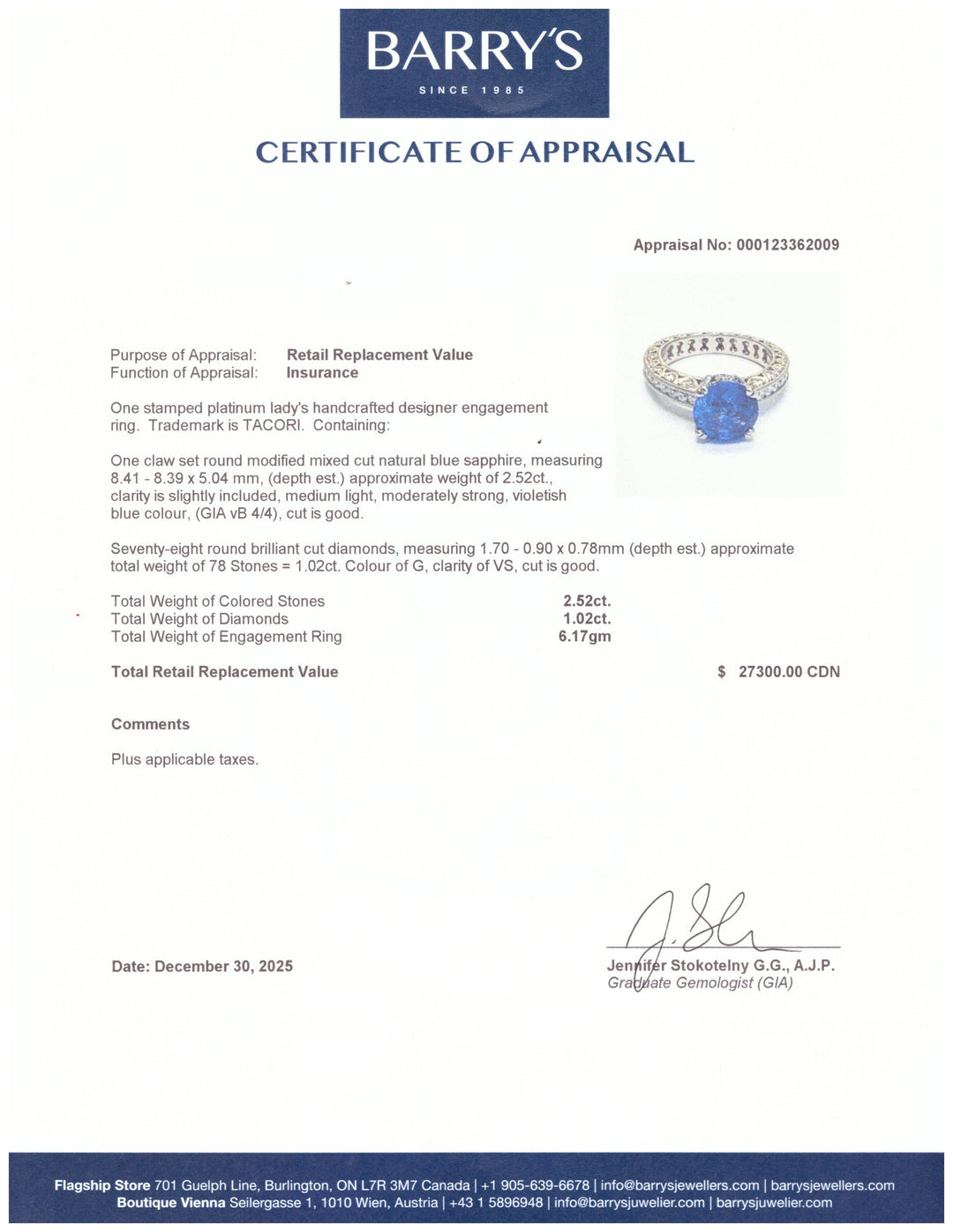Tacori Platinum Clean Crescent 2.52ct Sapphire Diamond Engagement Ring