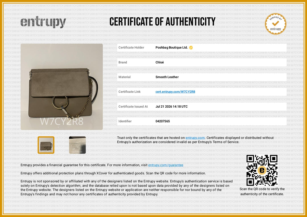 A certificate of authenticity card for a Chinese leather wallet, featuring the Entrupy brand logo, product details, a photo of the brown wallet, a QR code, and instructions on a white background with a gold border.