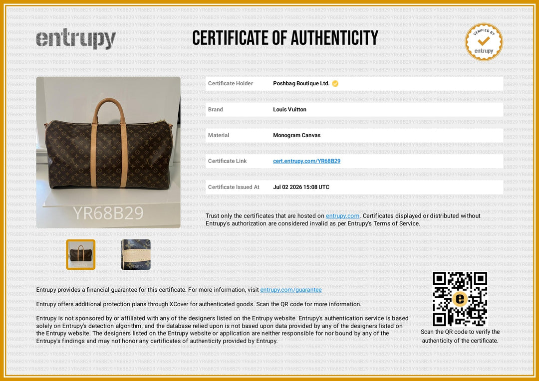 A certificate of authenticity document from Entrupy for Louis Vuitton, featuring a Louis Vuitton monogram canvas handbag on the left and a list of certificate details on the right, with a QR code at the bottom right.
