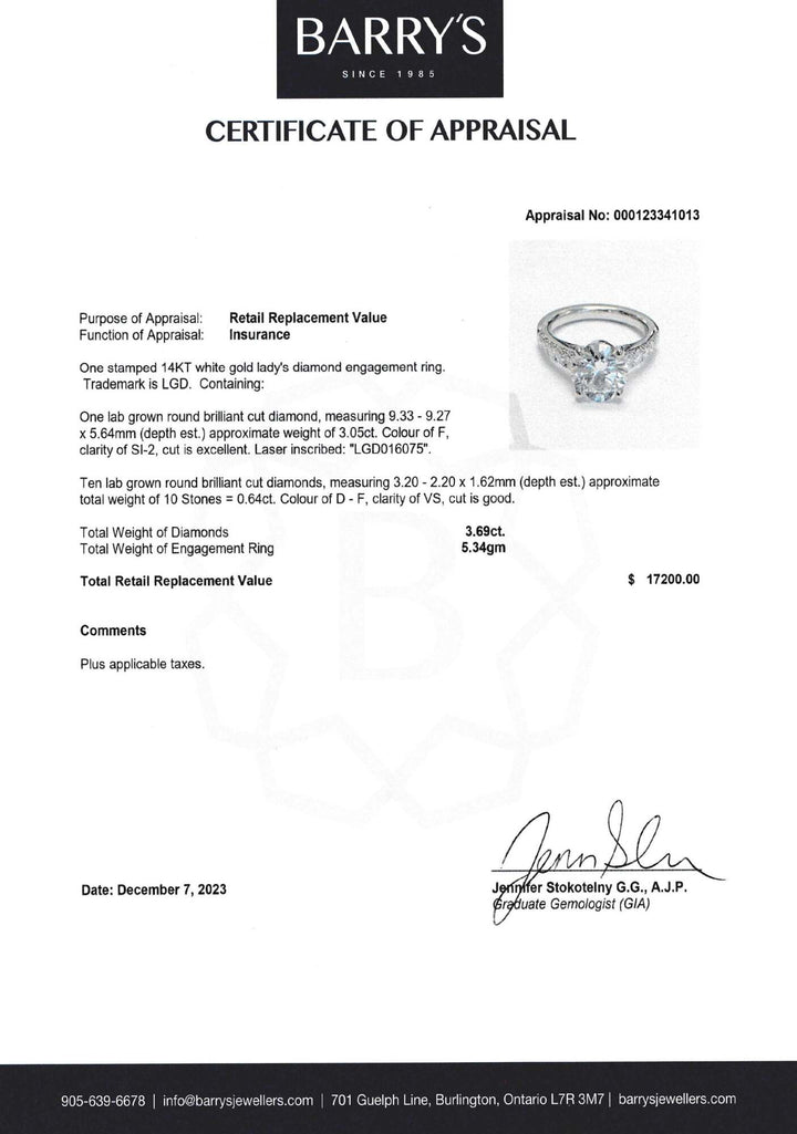 14kt White Gold Lady's Lab Created 3.05ct Diamond Engagement Ring