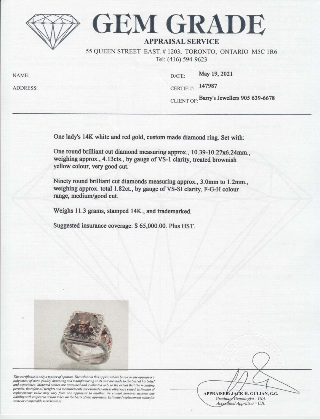 14kt White and Yellow Gold Custom Made 4.13ct Diamond Ring