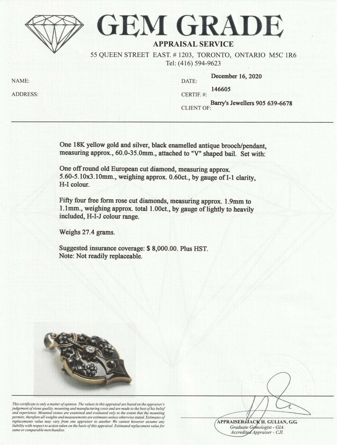 18kt Yellow Gold and Silver, Black Enamelled with Diamond Custom Made Antique Brooch